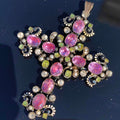 Baroque Antique natural Purple Amethyst Green Demantoid white Sapphire Silver Christian Latin Cross Large Statement Pendant