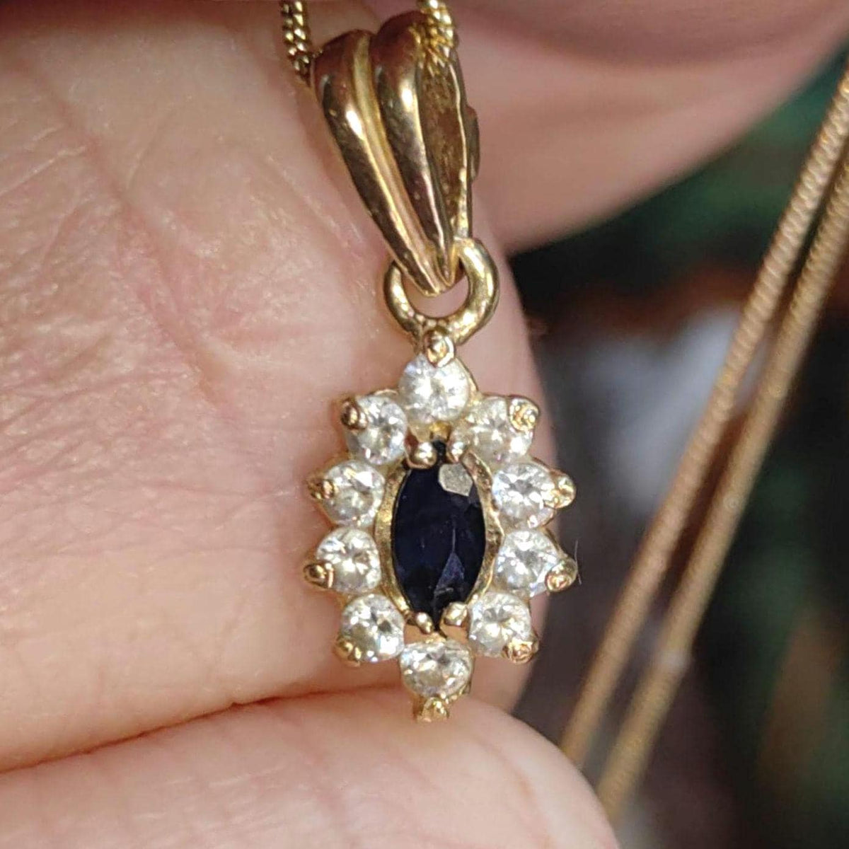 Vintage 14k Solid Yellow Gold Blue Sapphire Cluster Cubic Zirconia Necklace Pendant Bracelet Charm Gift for Her Retro Antique Pendant