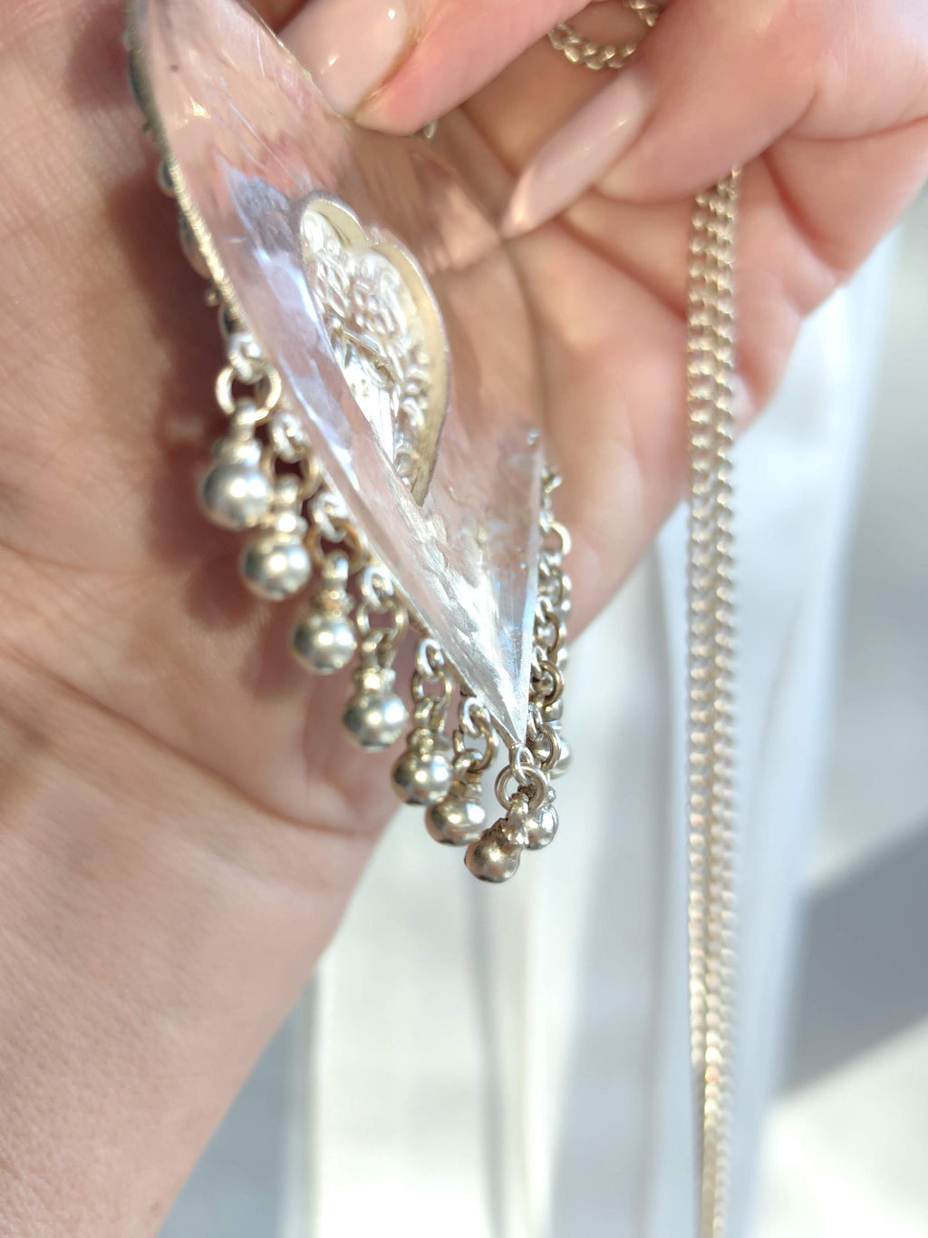 Art Deco Silver Heart Pendant Necklace: Filigree Enamel, Long Chain