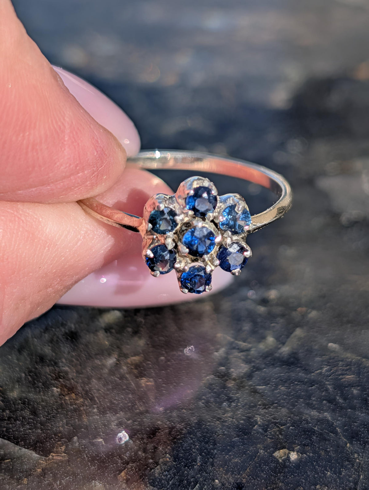 Vintage 1950s Blue Sapphire Flower Ring 14k White Gold Mid Century Floral Cluster Engagement Ring Size 7.5 Gift for Her