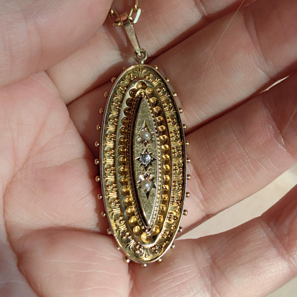 Victorian 15k Gold Locket Pendant: Diamond & Pearl Picture Frame, 1880s