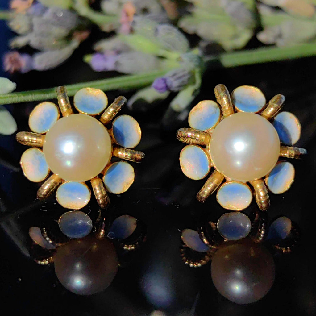 Victorian 18k Gold Pearl Earrings: Enamel Flower Studs