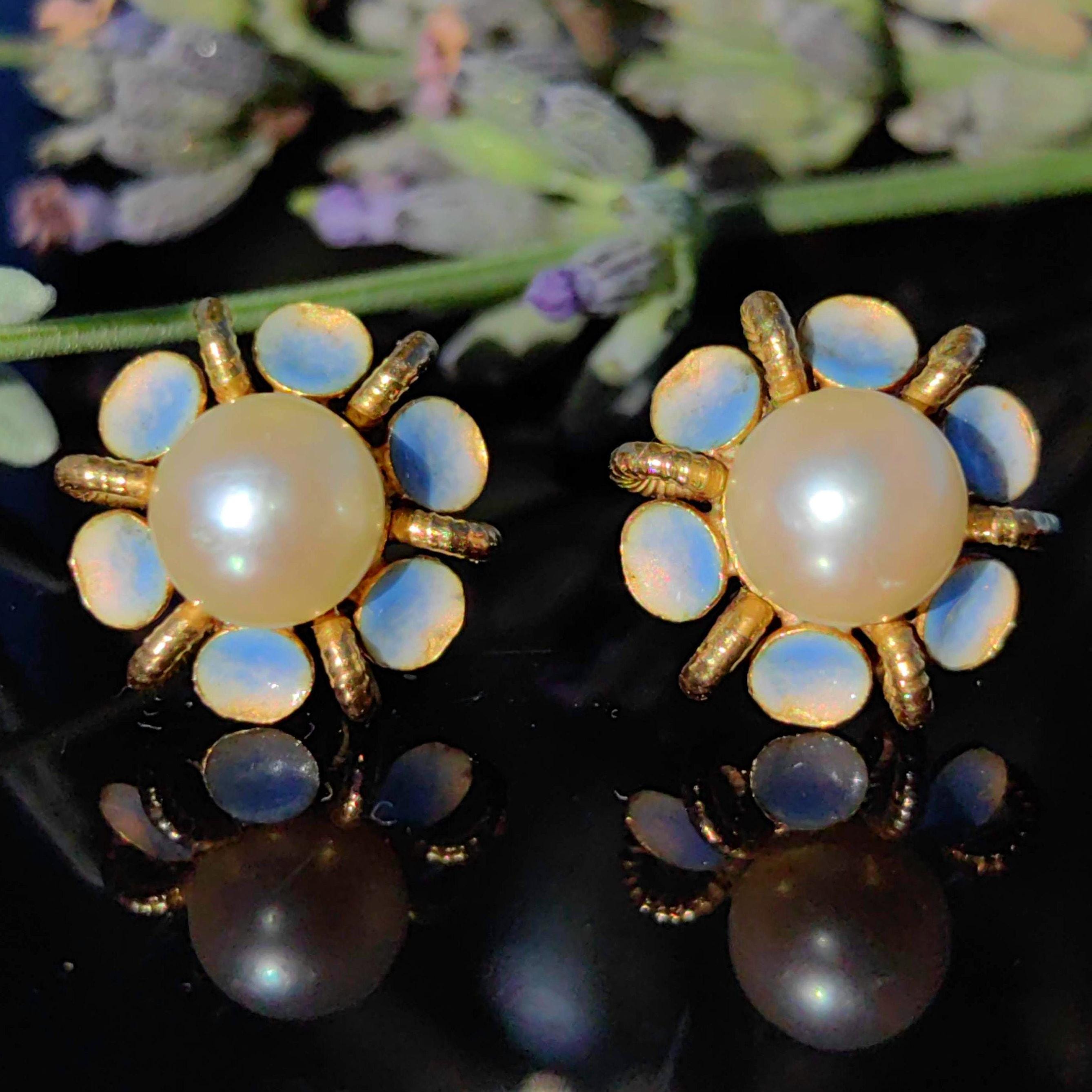 Victorian 18k Gold Pearl Earrings: Enamel Flower Studs