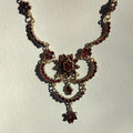 1930s Garnet Floral Necklace: Gold Plated Silver Statement Jewelry