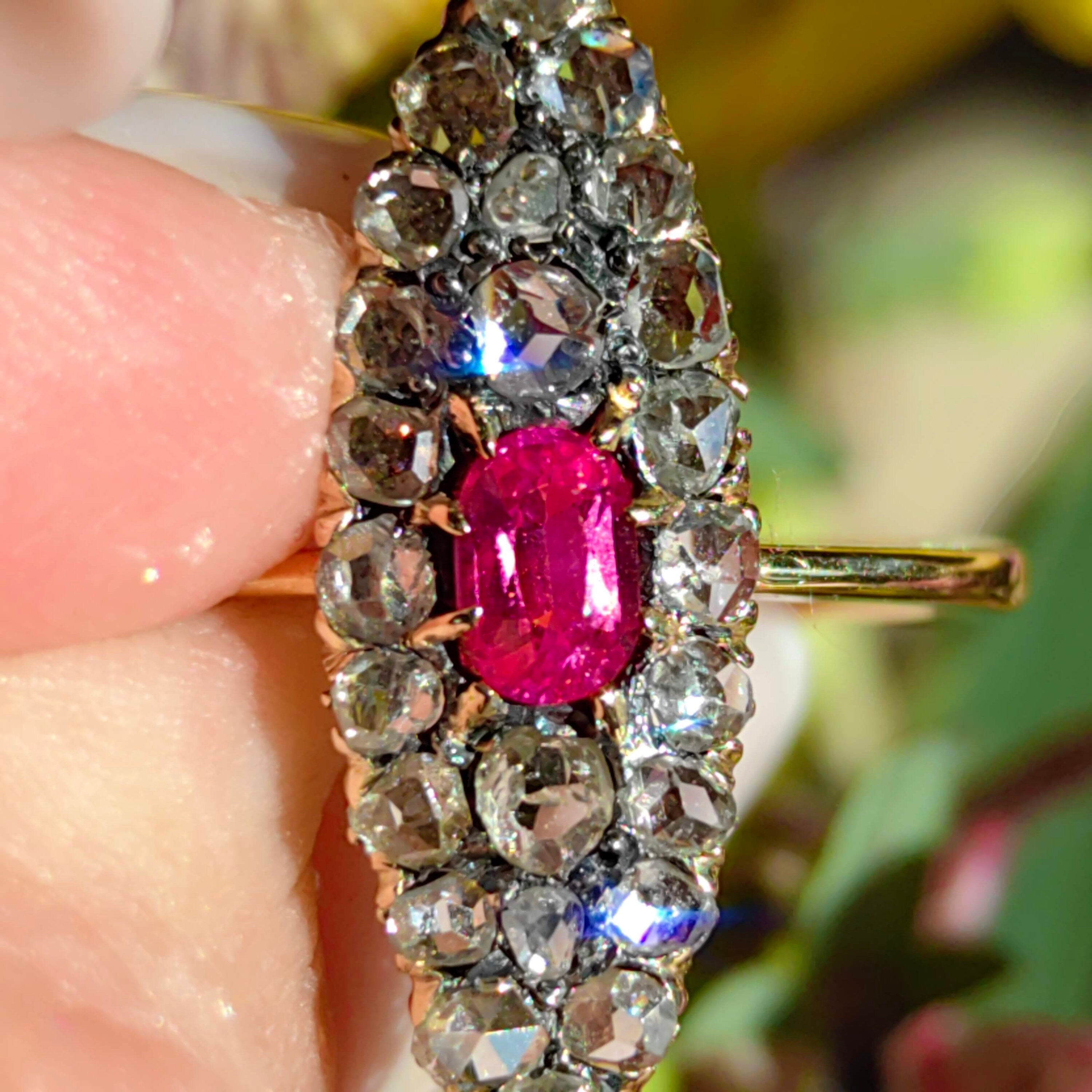 Vintage Art Deco Ruby and Rose Cut Diamond 18k Gold Ring