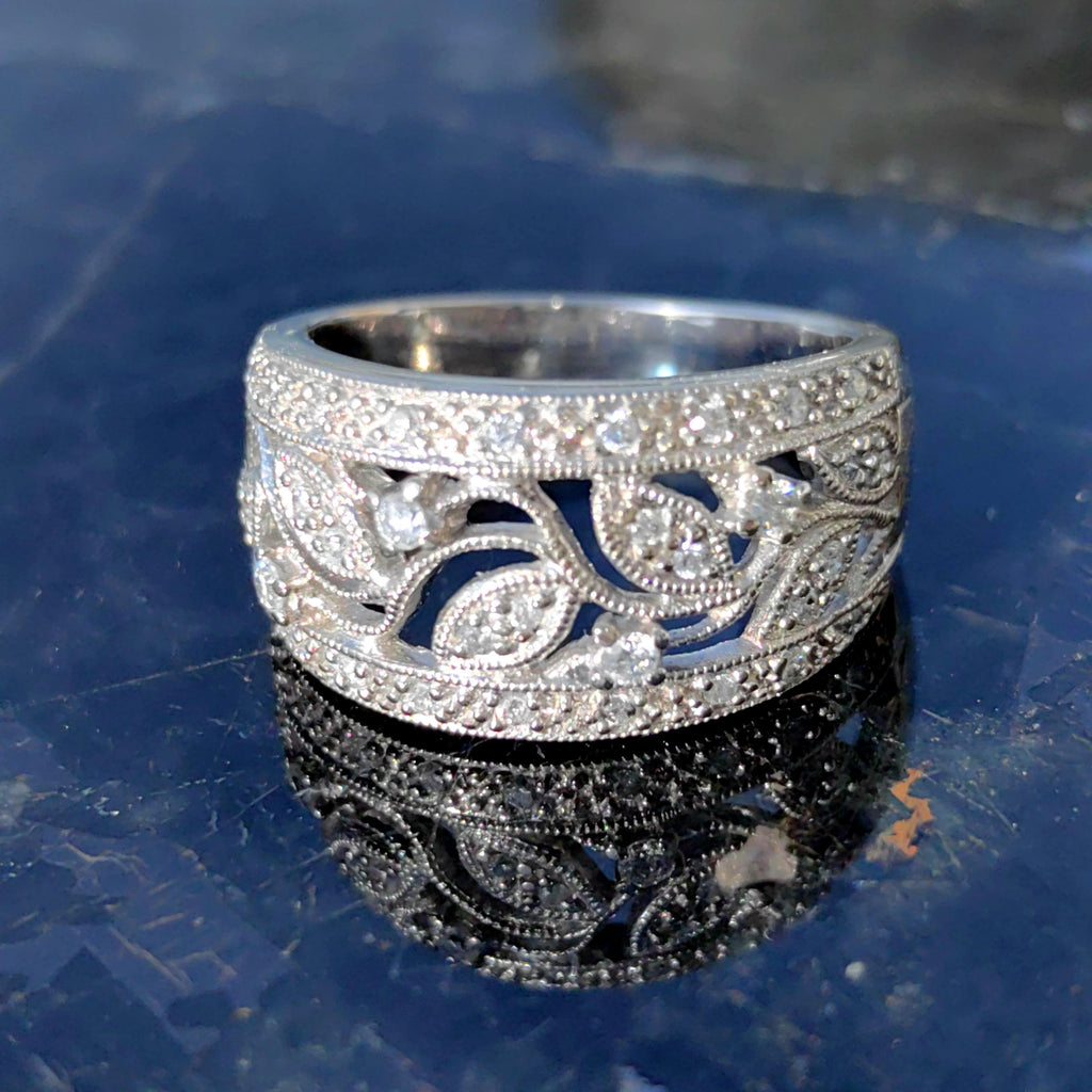 Diamond Floral Wedding Band: 14k White Gold Leaf Filigree Ring
