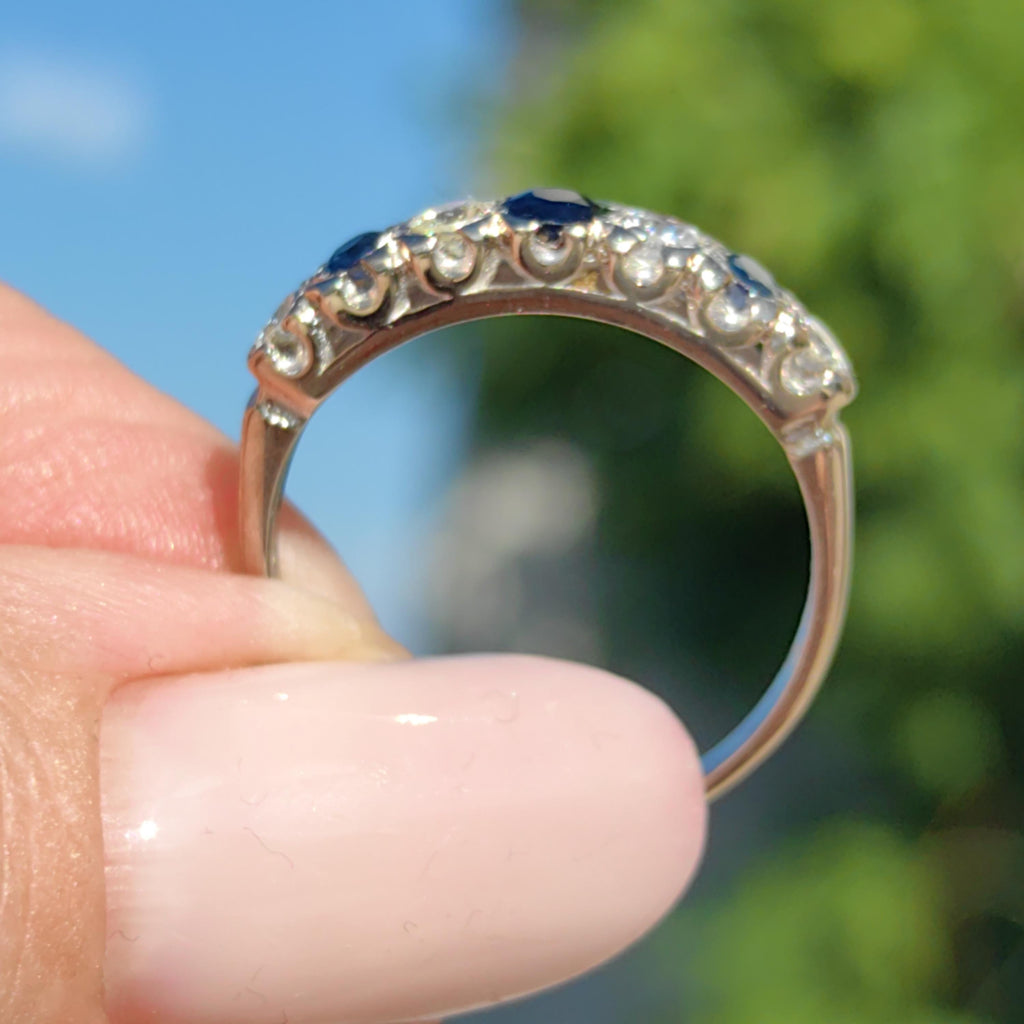 Vintage Sapphire Diamond Band: 18k White Gold Engagement Ring, 1940s