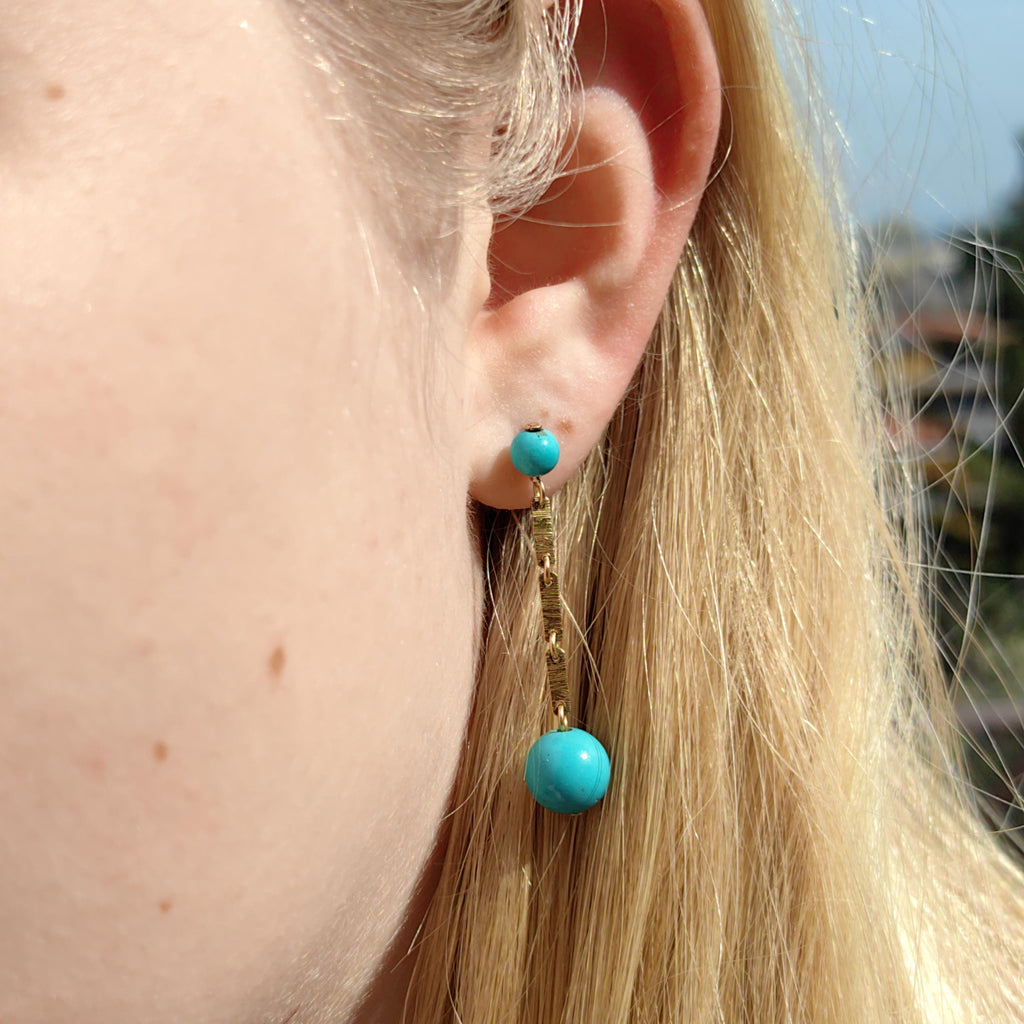 Vintage 1950s Turquoise 18K Gold Dangle Earrings