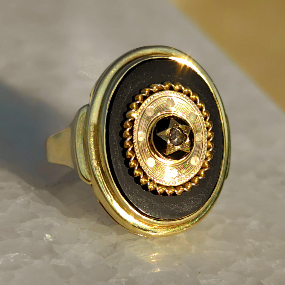 Victorian Onyx Diamond 14k Yellow Gold Star Ring
