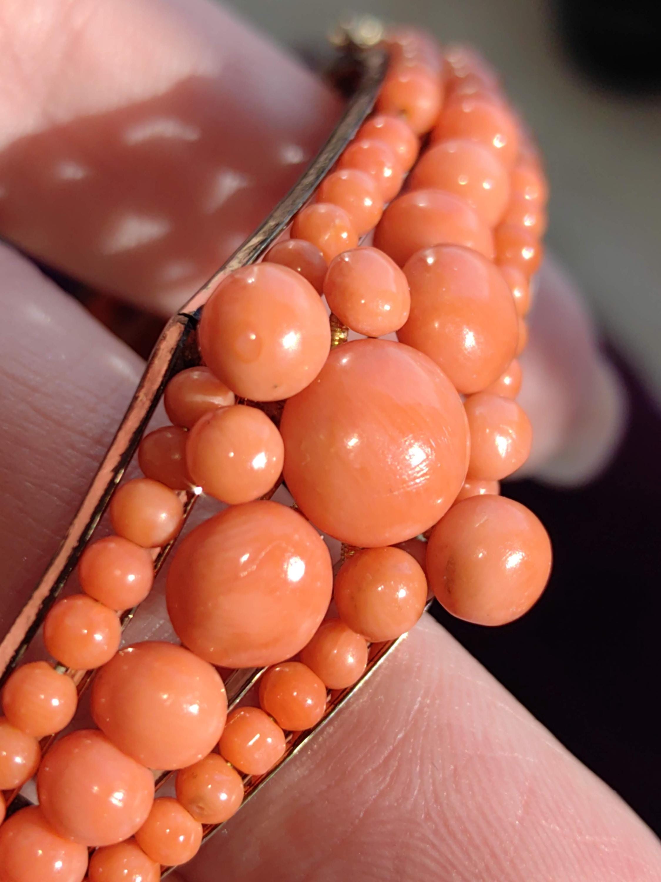 Victorian Coral Bracelet Gold Plated Silver Hinged Bangle Antique Coral Bead Statement Jewelry US Duty Free HTS 9706