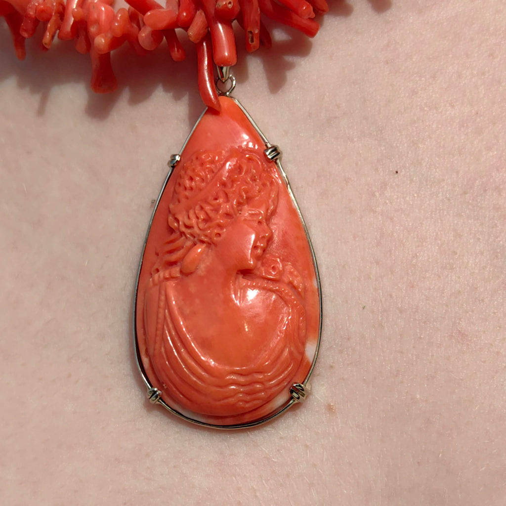 Art Deco Red Coral Cameo Pendant: 14k White Gold Carved Portrait