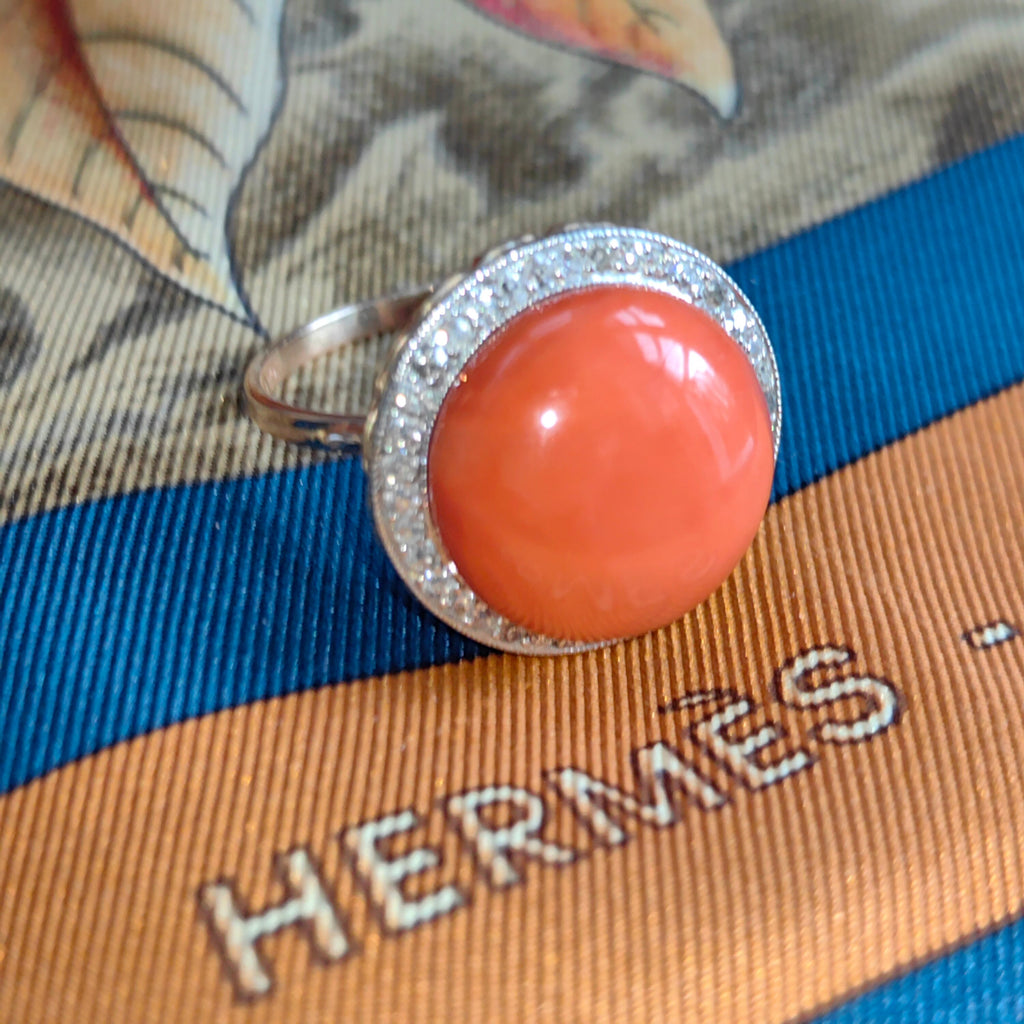 Art Deco Coral Diamond Ring: 1930s Platina Setting, 14k Gold