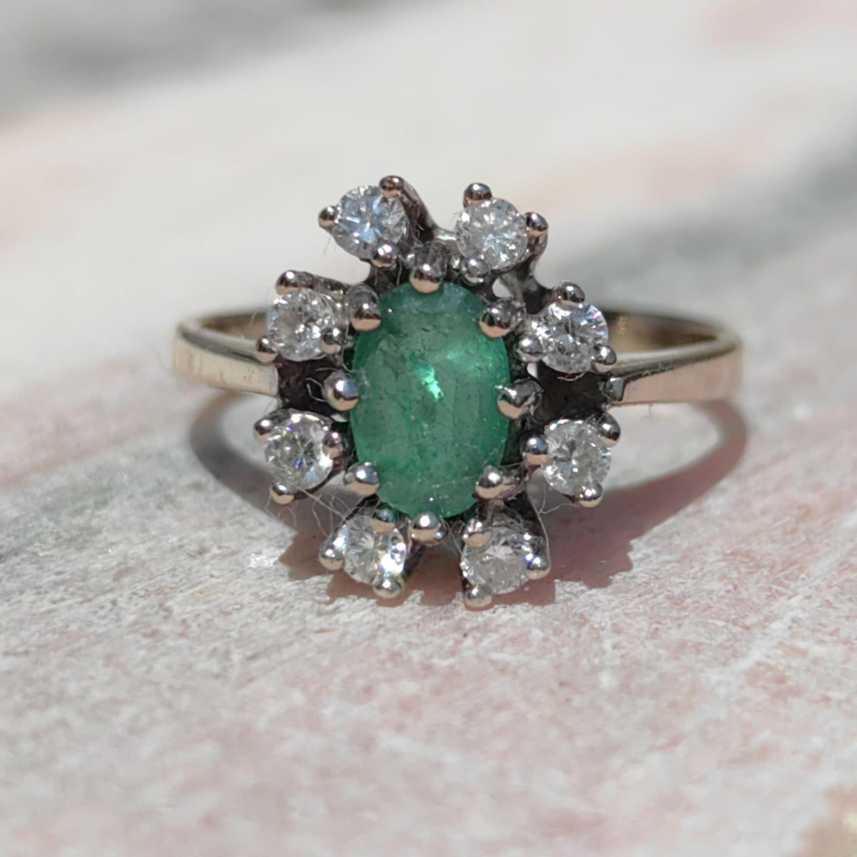 Vintage Emerald Diamond 14k Hallmarked Solid White Gold Elegant Dainty Mid-Century Engagement Ring Gift for Her Statement Ring