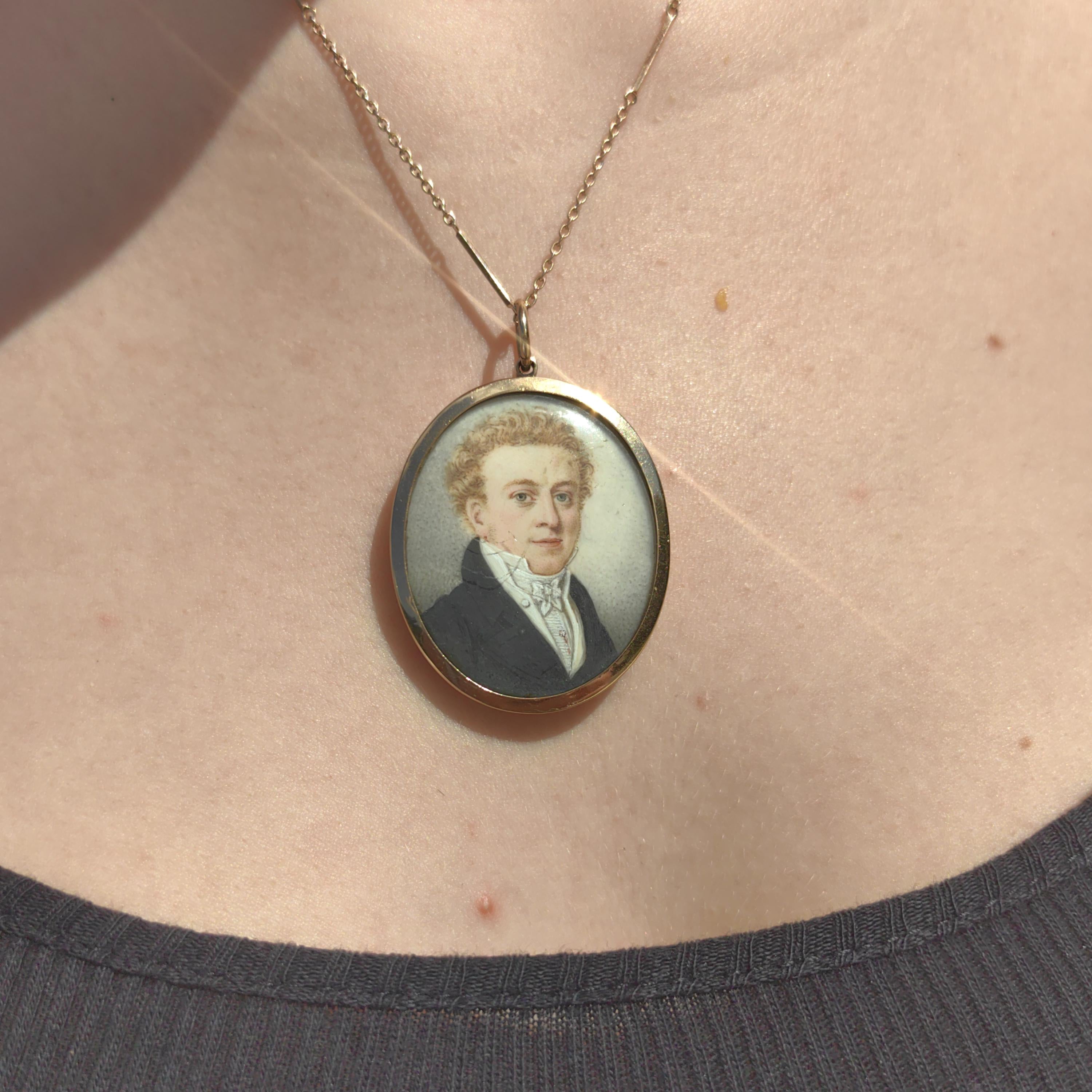 Antique Hand-Painted Floral Portrait Pendant - 1800s Miniature