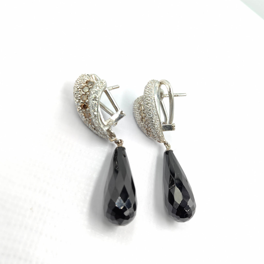 Vintage White and Champagne Diamond Onyx 18k Solid White Gold Statement Dangle Earrings