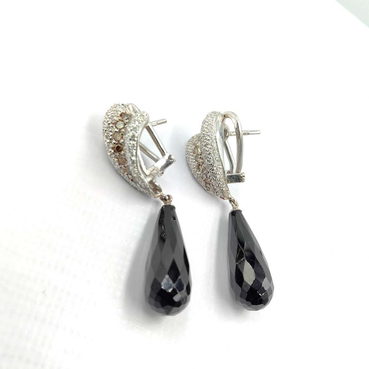 Vintage White and Champagne Diamond Onyx 18k Solid White Gold Statement Dangle Earrings