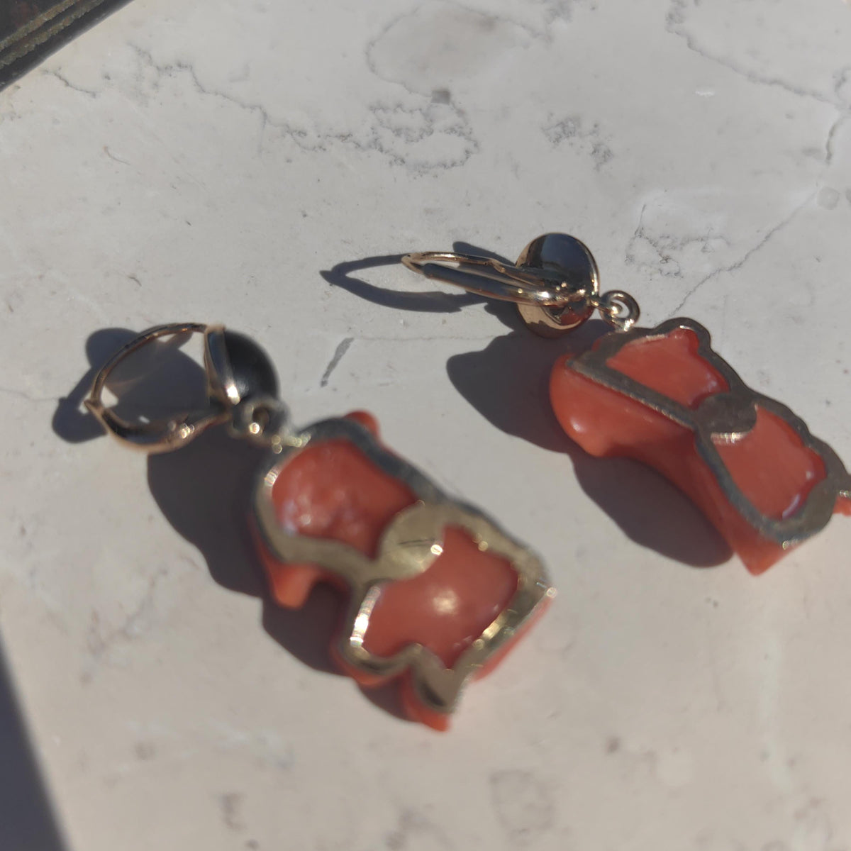 Coral Flower Onyx 14k Solid Hallmarked Yellow Gold Art Deco 1940s Antique Vintage Gold Dangle Elegant Earrings Gift for Her