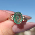 Vintage Mid Century Green Natural Emerald Oval Diamond Solid 14k Yellow Gold Antique Engagement Ring Dainty Stackable Band Gift for Her