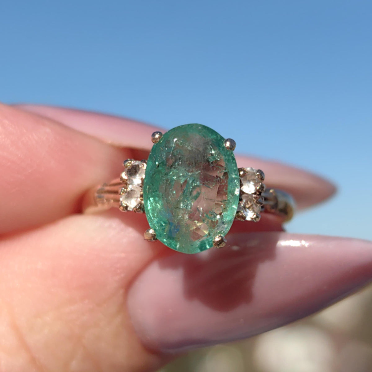 Vintage Mid Century Green Natural Emerald Oval Diamond Solid 14k Yellow Gold Antique Engagement Ring Dainty Stackable Band Gift for Her