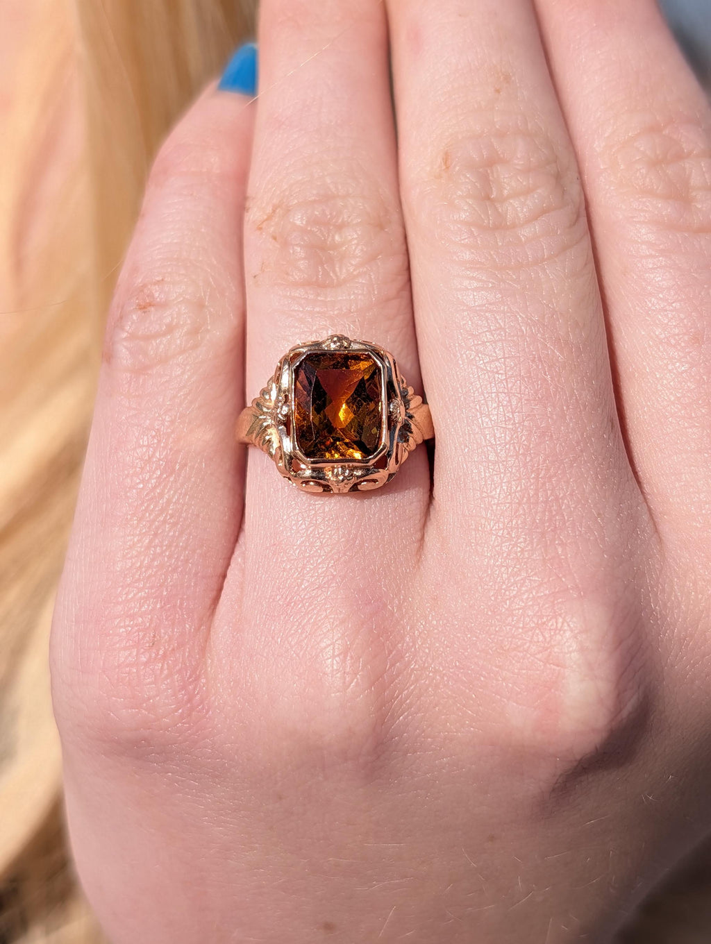 Mid Century Art Deco Style  Citrine Solid 14k Hallmarked Yellow Gold Statement Solitaire Emerald Cut Ring, Unisex Yellow Stone Ring Gift