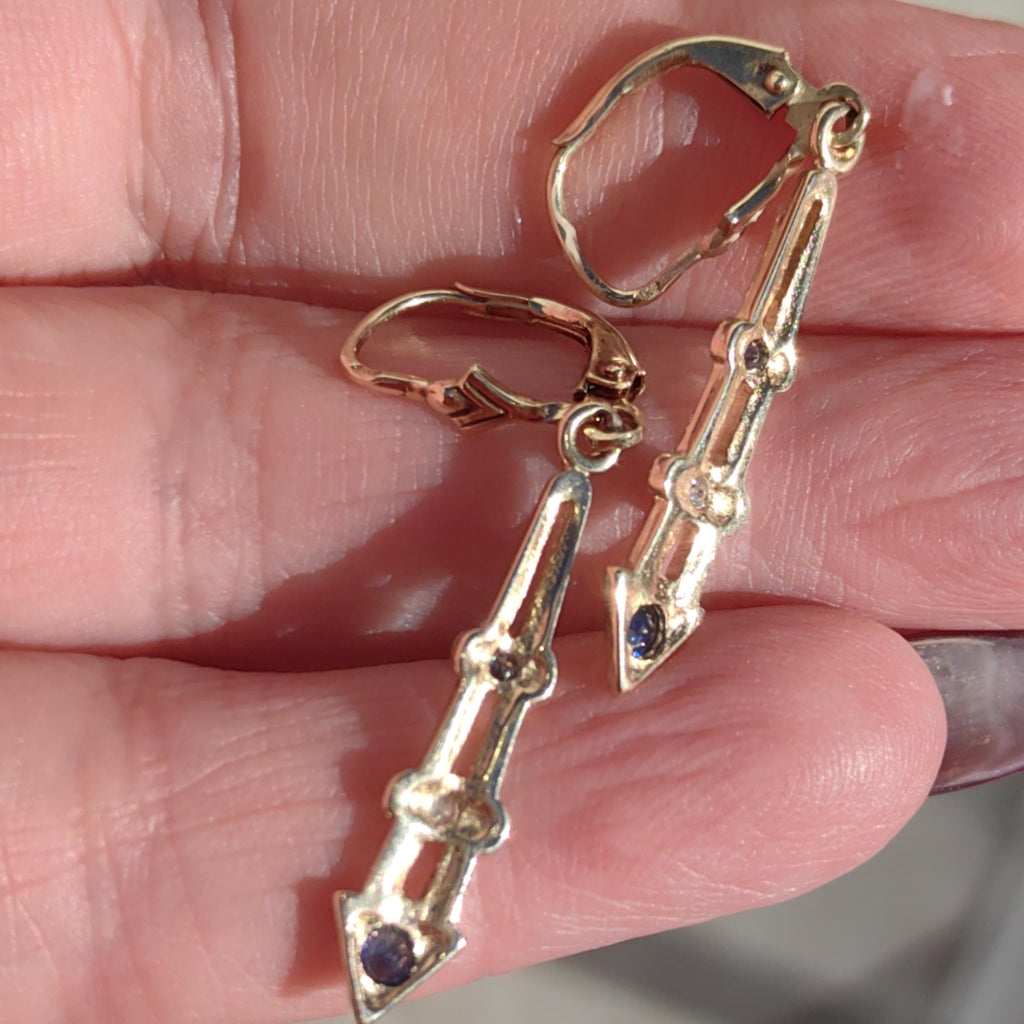 Antique Vintage Sapphire and Diamond 14k Solid Yellow Gold Mid Century Elegant Long Dangle Drop Lever Back Closure Earrings