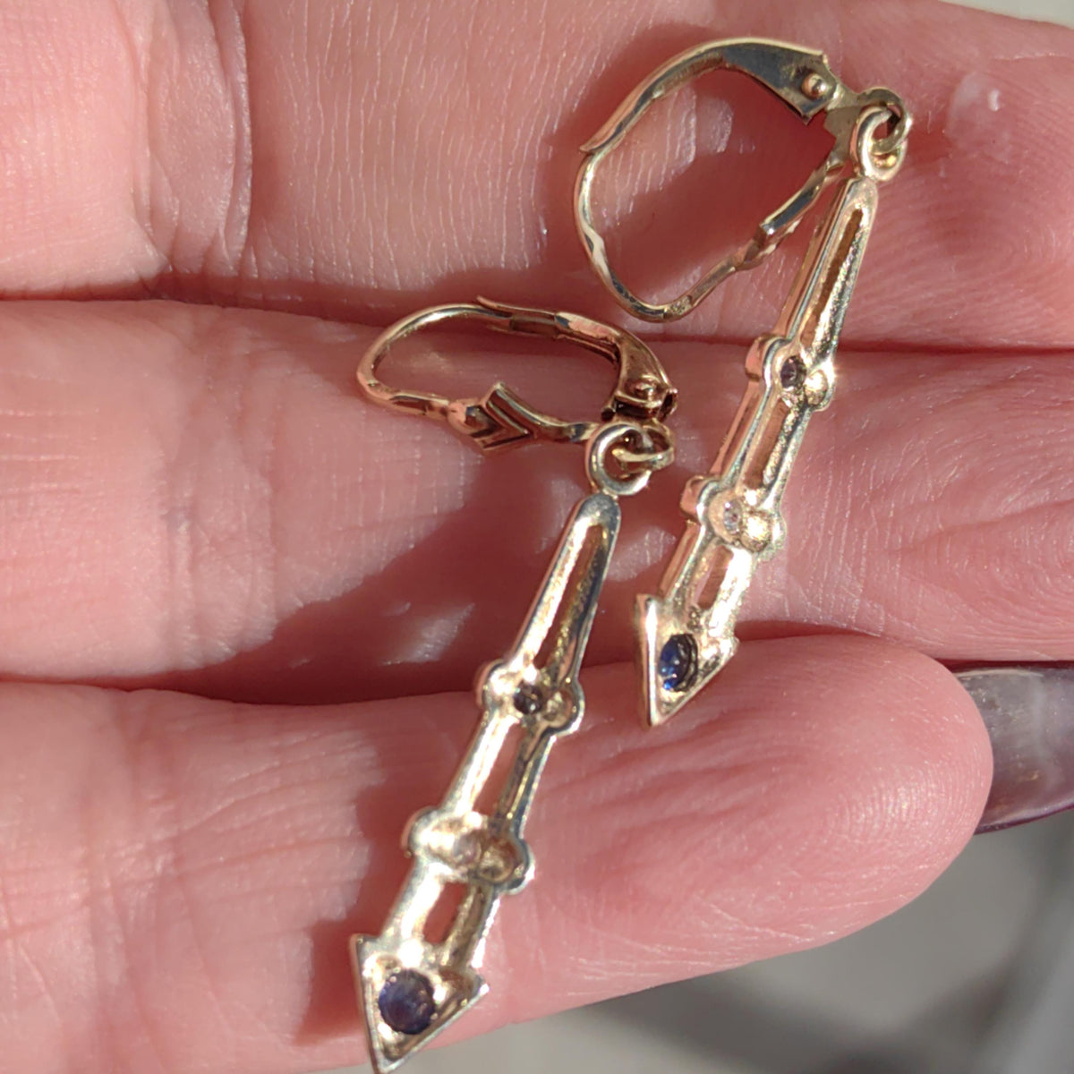 Antique Vintage Sapphire and Diamond 14k Solid Yellow Gold Mid Century Elegant Long Dangle Drop Lever Back Closure Earrings