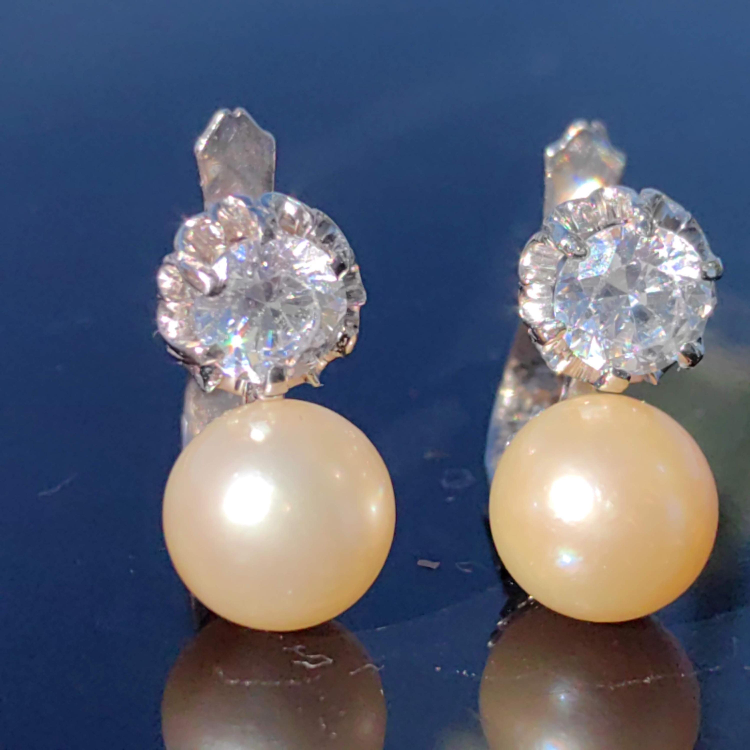Art Deco Pearl Earrings: White Sapphire 18k White Gold, Handmade 1930s Style