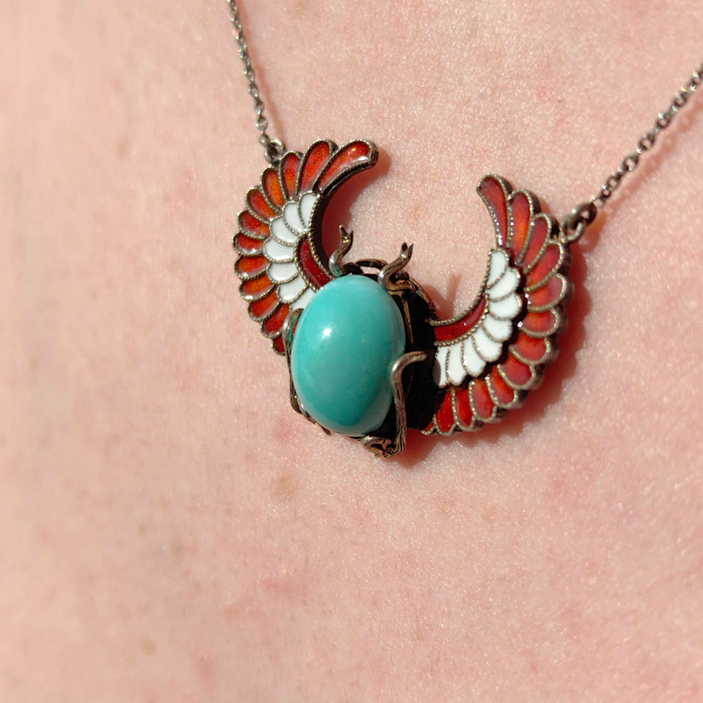 Art Deco Antique Vintage Scarab Ancient Egypt Revival Style Turquoise and Enamel Silver Necklace