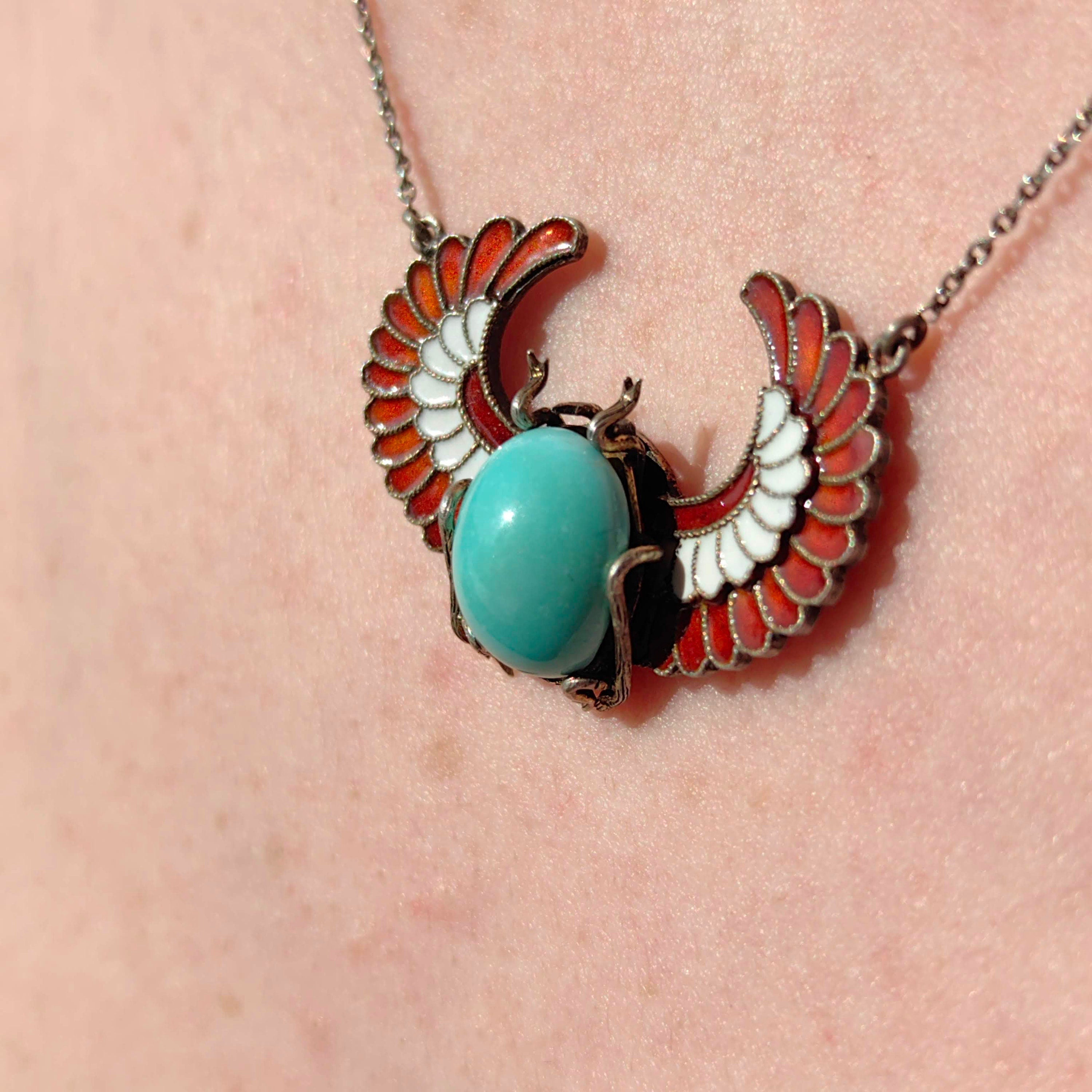 Art Deco Antique Vintage Scarab Ancient Egypt Revival Style Turquoise and Enamel Silver Necklace