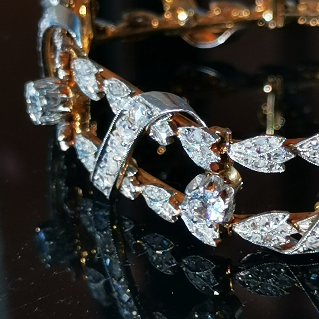 Original Art Deco Diamond Bracelet: 19K Gold Bangle, 3.5ct Old European Cut