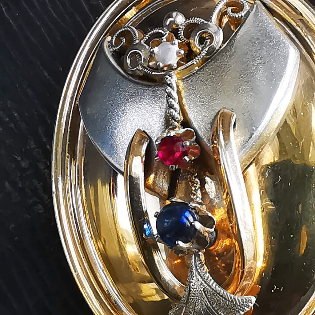 Victorian Gold Plated Silver Locket Pendant for two photos with artificial gems 1870s