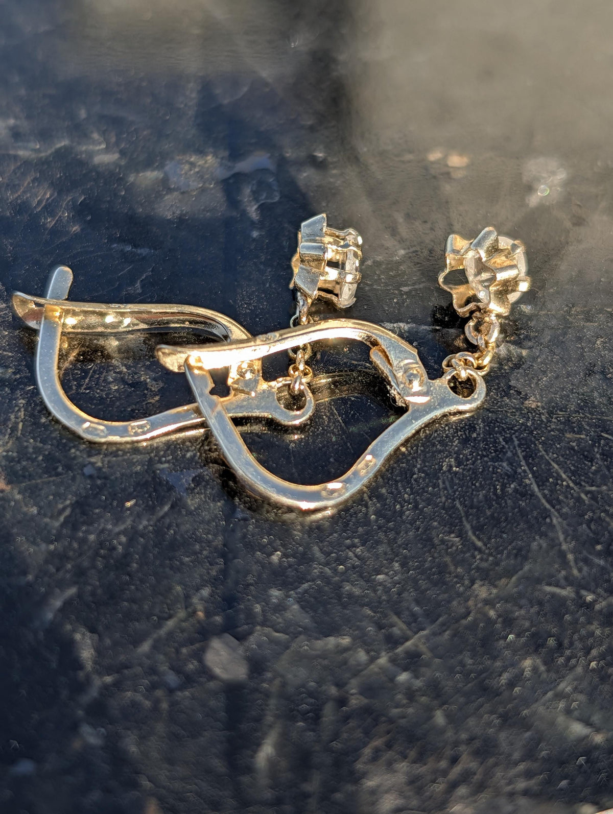1950s Holland Rose Cut Diamond Dangle Earrings 14k 585 Yellow Gold, Vintage Lever Back Drop Statement Gift for Her