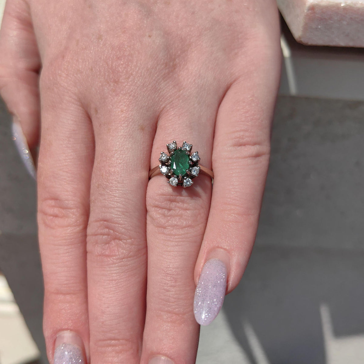 Vintage Emerald Diamond 14k Hallmarked Solid White Gold Elegant Dainty Mid-Century Engagement Ring Gift for Her Statement Ring