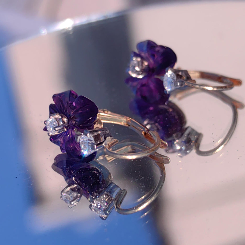 Natural Amethyst and Diamond 18k Solid Gold Flower Sleepers Dormeuse Vintage Antique 1950s Elegant Purple Crystal Earrings Gift for Her
