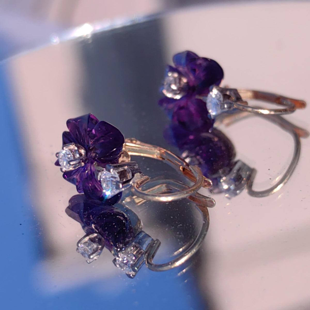 Natural Amethyst and Diamond 18k Solid Gold Flower Sleepers Dormeuse Vintage Antique 1950s Elegant Purple Crystal Earrings Gift for Her