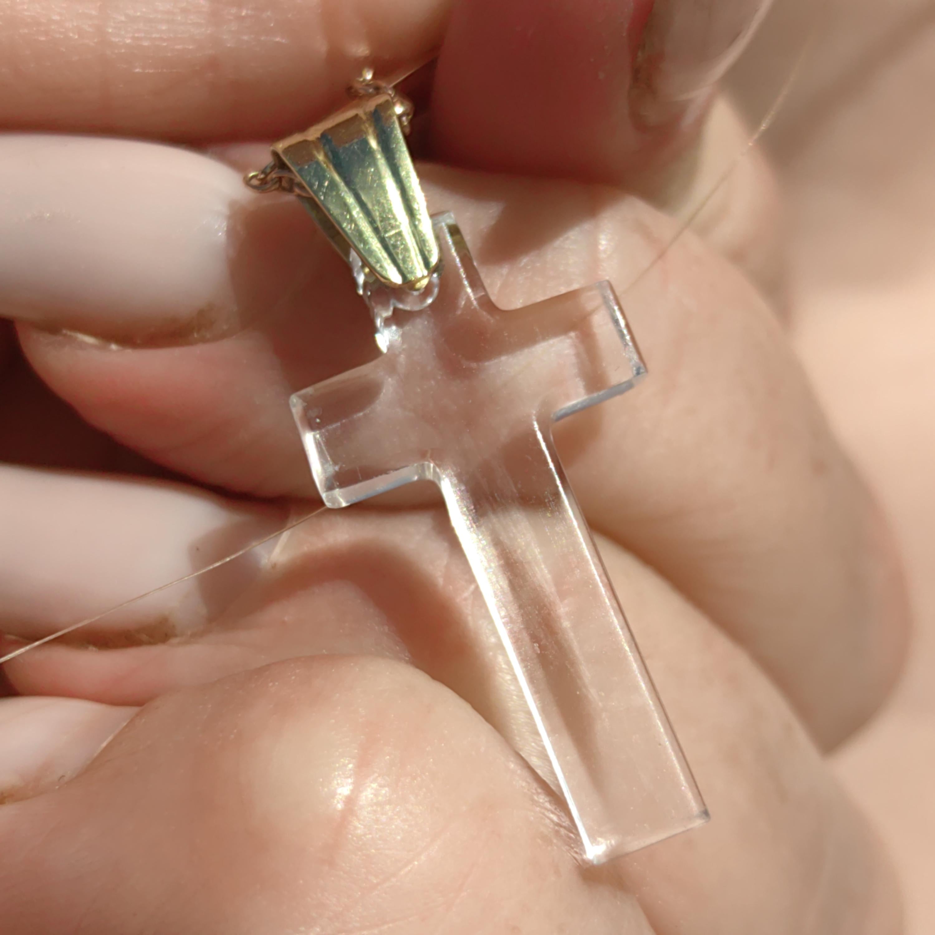 Vintage Solid 18k Yellow Gold Natural Rock Crystal Elegant Crucifix Pendant Christian Catholic Latin Cross Charm Gift