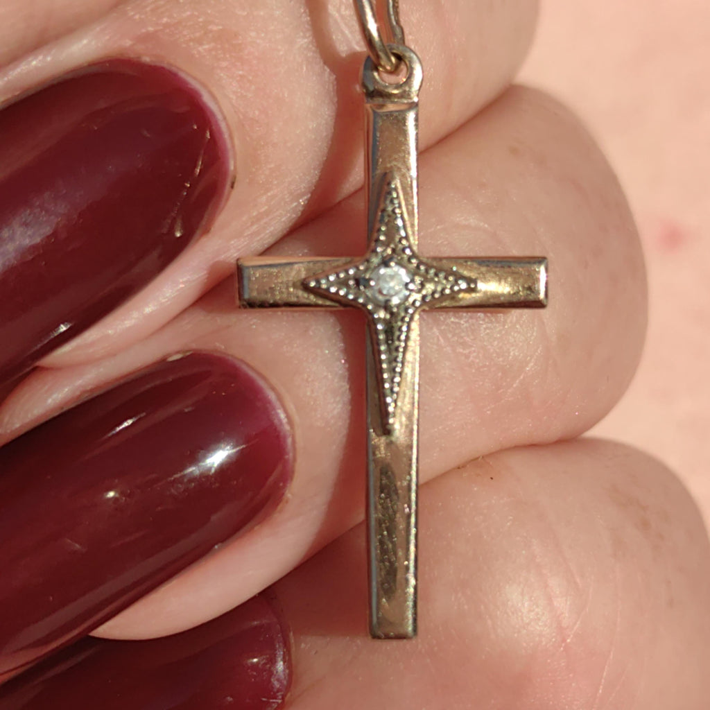 Art Deco 1930s Vintage Solid 14k Yellow Rose and White Gold Diamond Christian Latin Cross Antique Pendant Elegant Gift Present