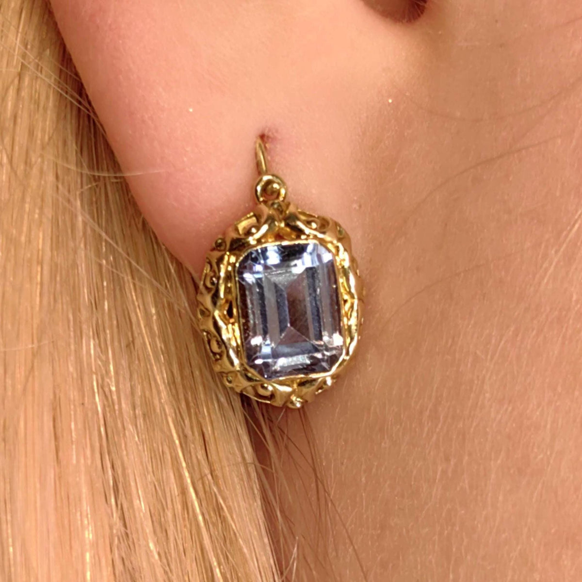 1940s Late Art Deco Aquamarine 14k Yellow Gold Earrings, Antique Vintage Dangle Statement Earrings, Gift for Her