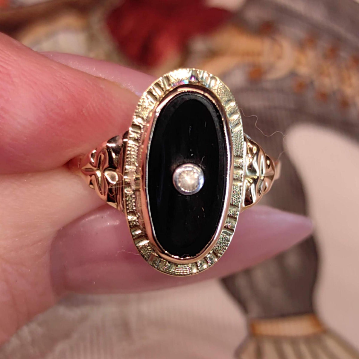 Art Deco 1920s Onyx Diamond Ring 14k Solid Yellow Gold Old European Cut Antique Black Onyx Statement Vintage Ring Gift for Her Estate Jewels