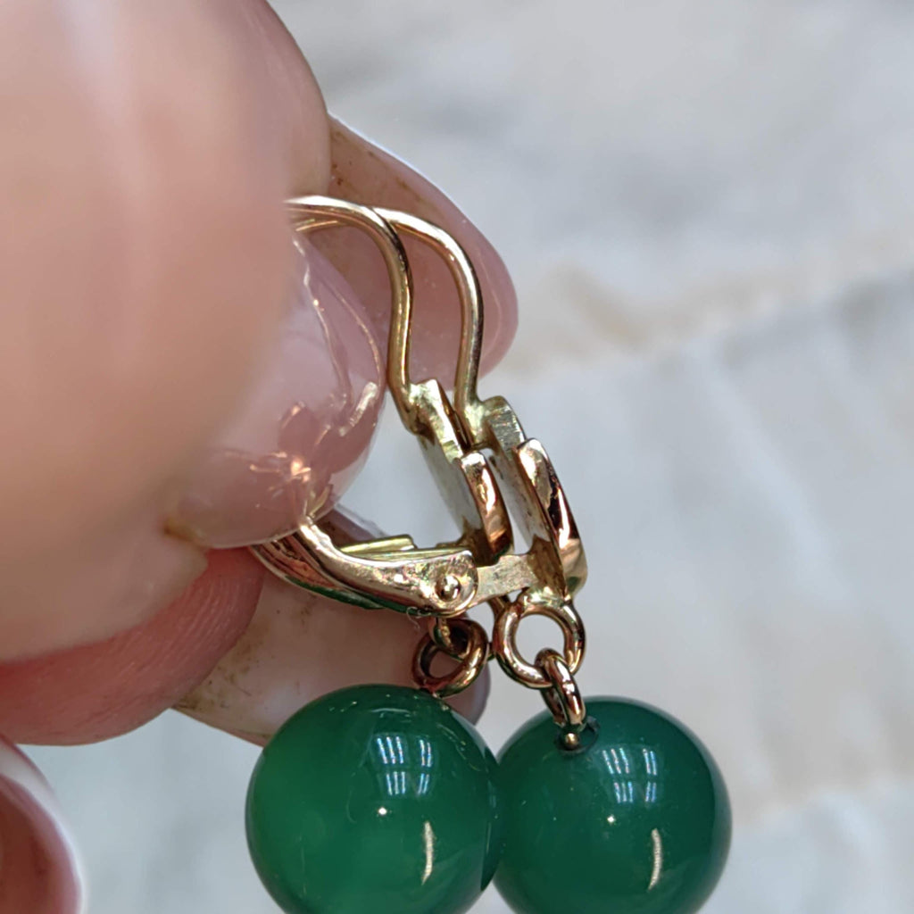Green Chalcedony 14k Gold Earrings: Vintage 1950s Dormeuse Style