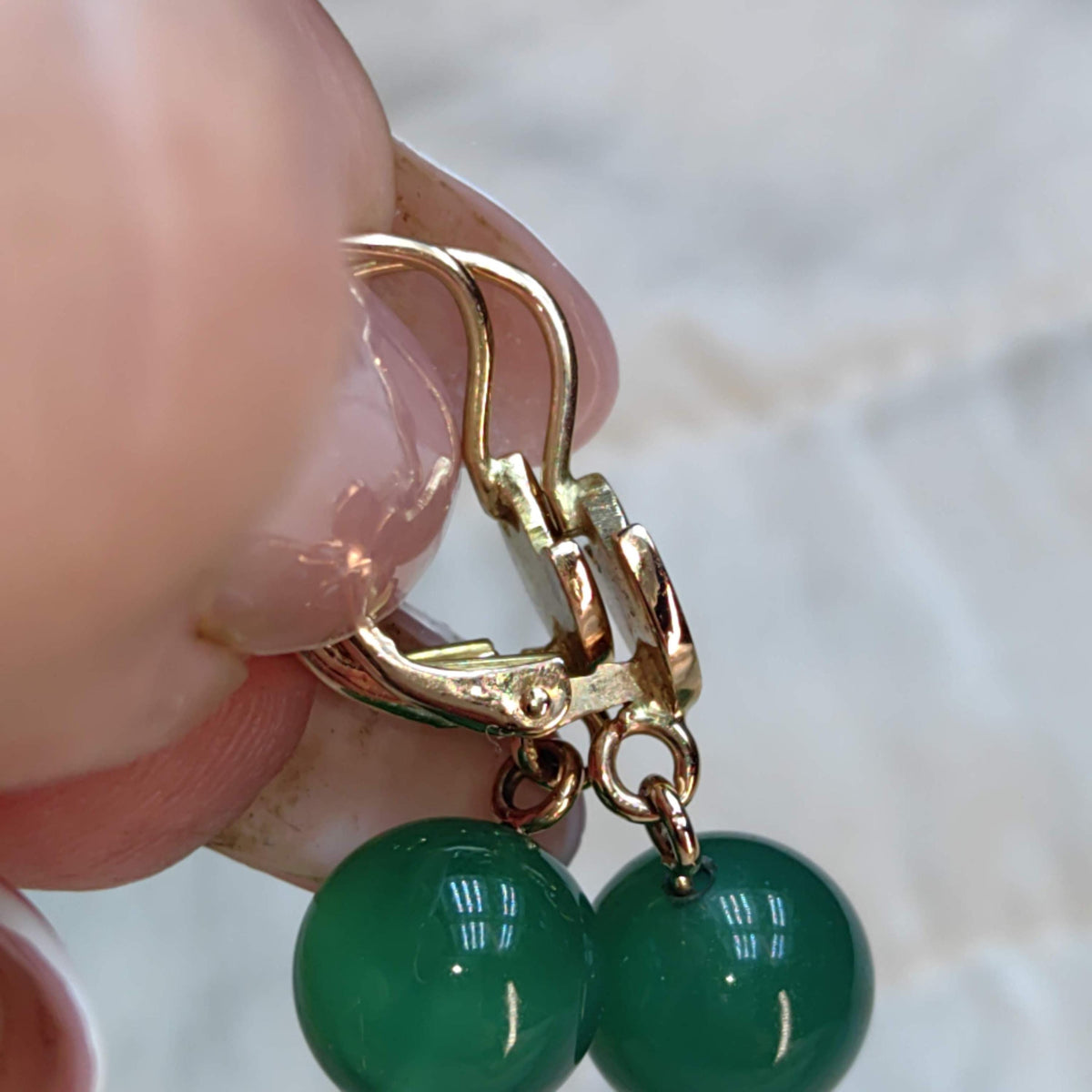 Green Chalcedony 14k Gold Earrings: Vintage 1950s Dormeuse Style
