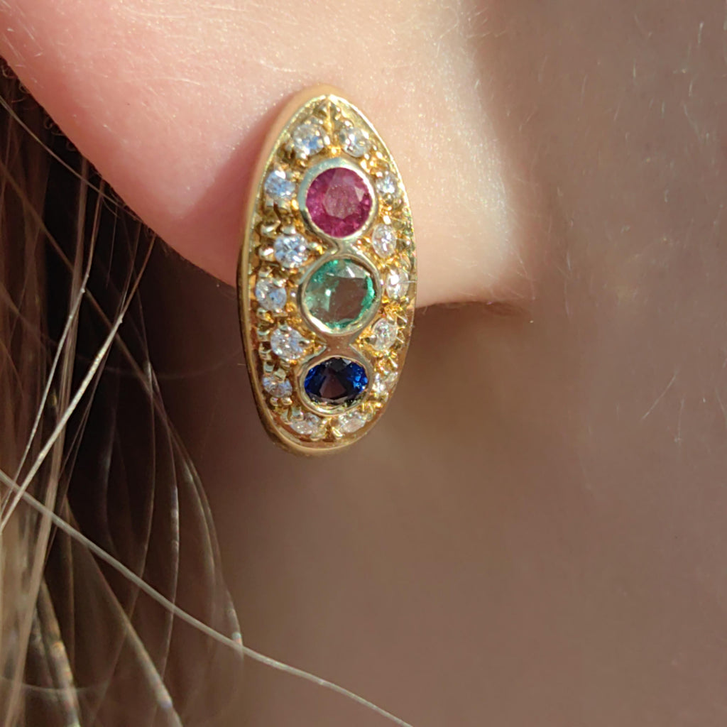 18k Gold Tutti Frutti Gemstone Hoop Earrings: Diamond, Ruby, Sapphire, Emerald