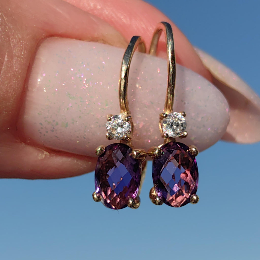 Vintage 14k Gold Amethyst & Diamond Drop Earrings: 1950s Dormeuse Sleepers