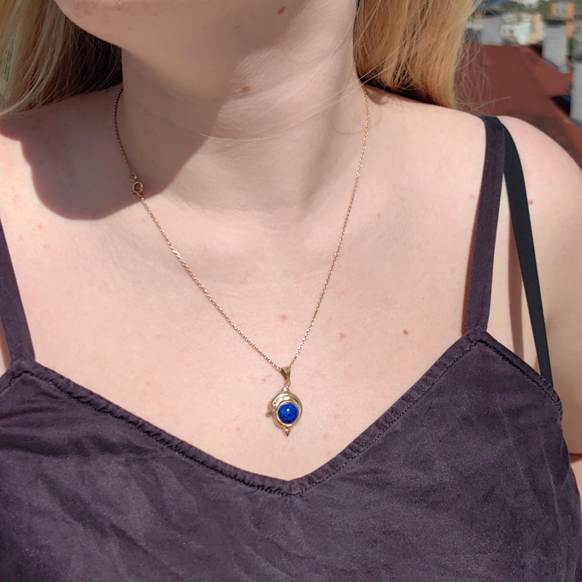 Lapis Lazuli Dolphin Pendant: 14k Yellow Gold Vintage Charm