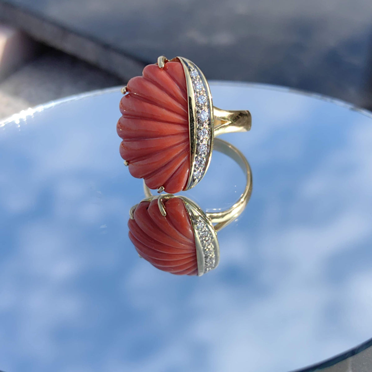 Hand Carved Shell Shaped Red Mediterranean Coral Diamond 18k Solid Yellow Gold Vintage Large  Statement Ring Gift Present