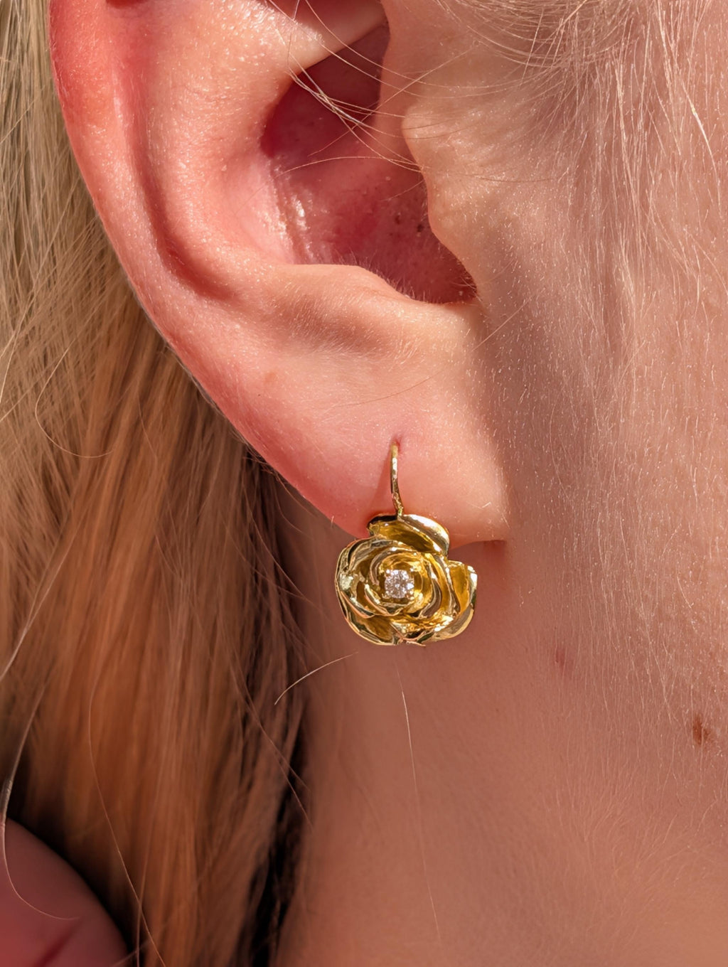 Vintage 18k Yellow Gold Rose Flower Diamond Sleeper Earrings, Handmade Petal by Petal Romantic Feminine Floral Earrings Gift for Her