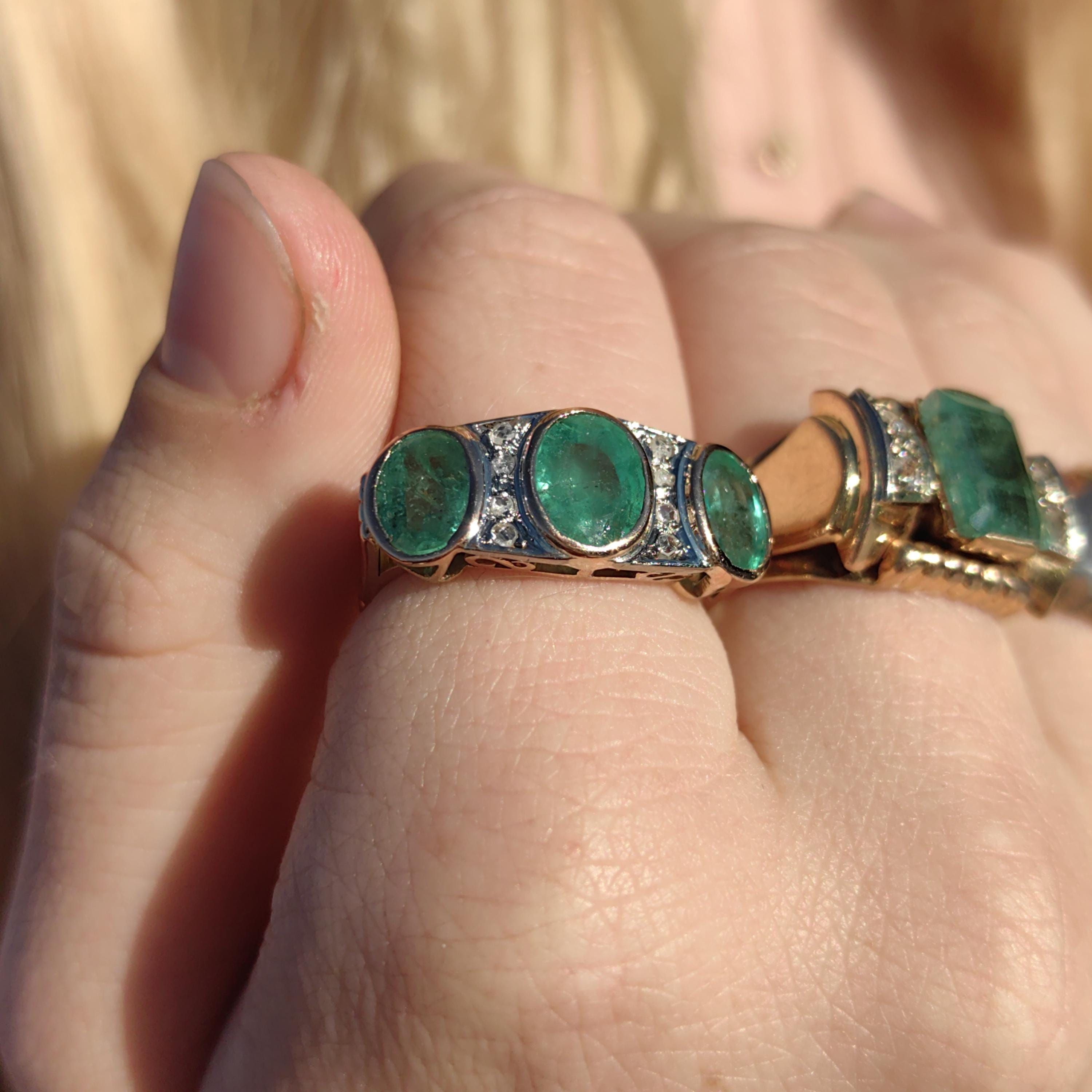 Original Art Deco 1930s Genuine not treated Emerald Three Stone Diamond White solid 14k Gold Chevalier Unisex Antique Vintage Ring