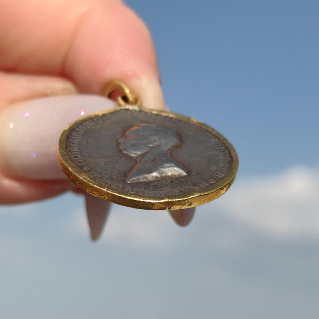 1906 Cambodia Silver Coronation Medal Pendant: 18k Gold Frame, Rare Asian Coin