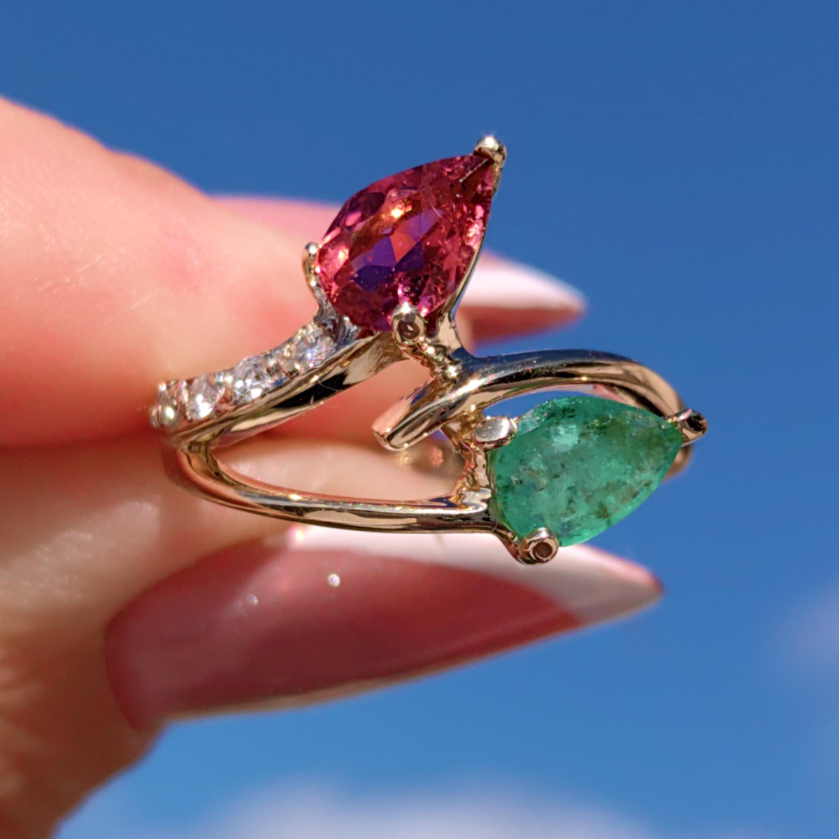 Vintage 14k Yellow Gold Tutti-Frutti Ring: Emerald, Tourmaline & Diamond Bypass