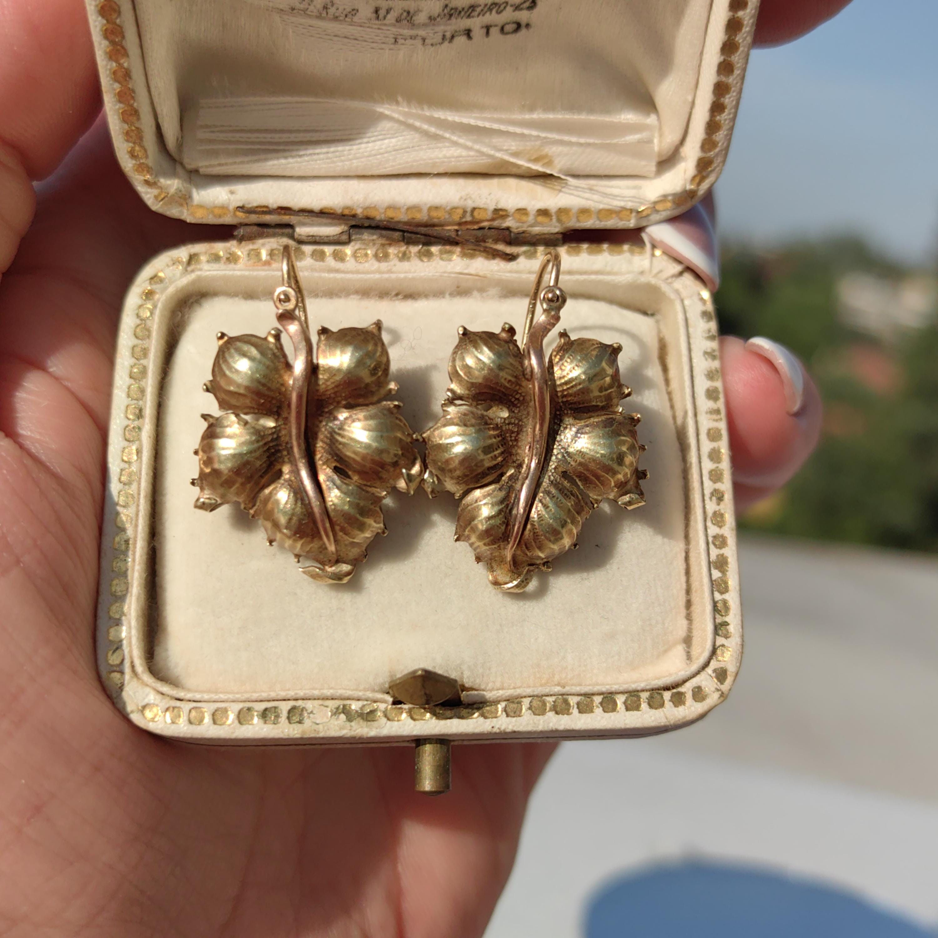 Antique 1870s Floral Leaf Earrings: 14k Yellow-Rose Gold Dormeuses